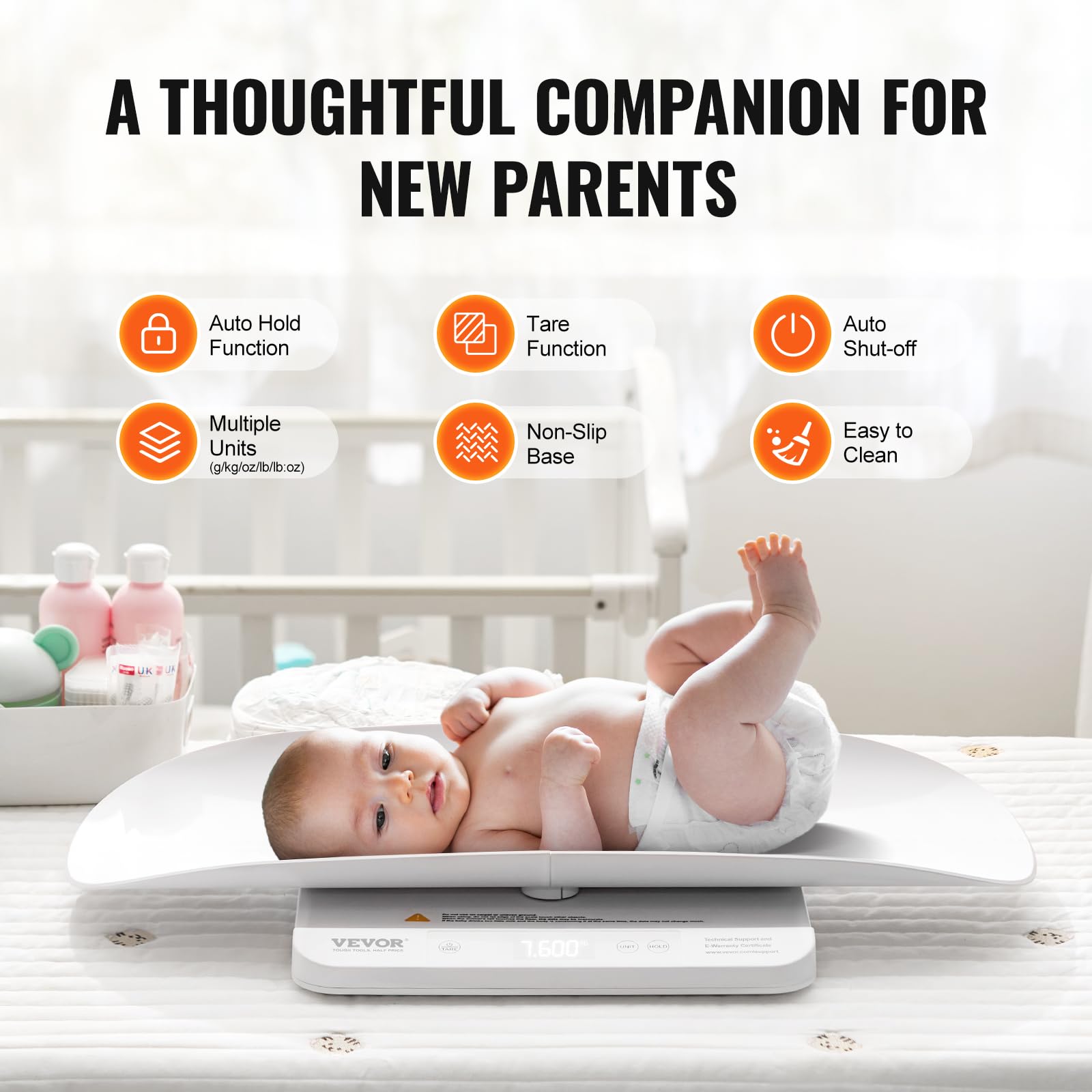 VEVOR Bilancia Intelligente Bluetooth per Neonati, Bilancia Digitale per Neonati 2 in 1 per Pesare con Vassoio Staccabile, Funzione Hold e Tare, per Bambini Piccoli, Animali Domestici, Capacità 30 kg