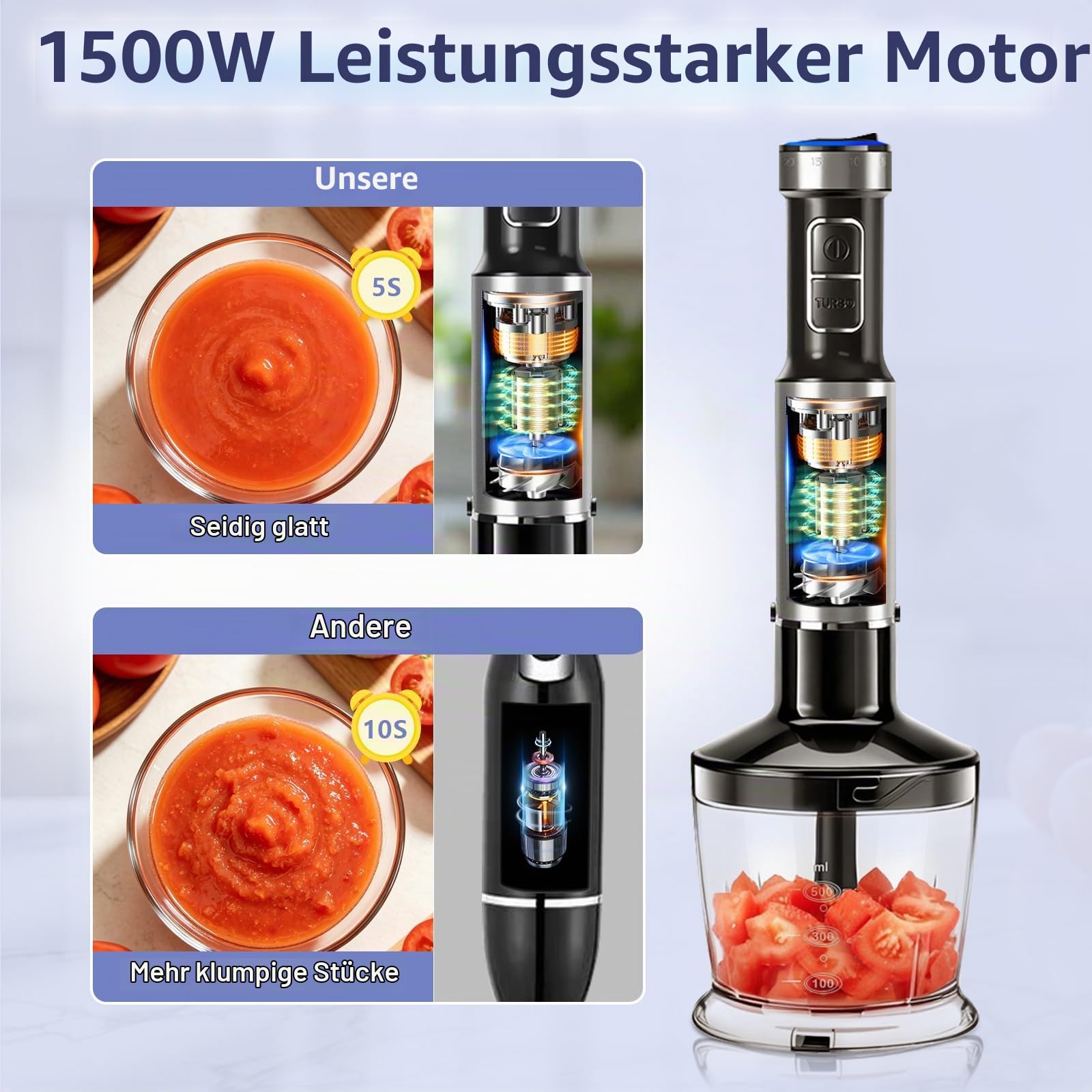 1500W Stabmixer, 4-in-1 Pürierstab, 25 Geschwindigkeitsstufen & TURBO | Stabmixer Set mit Schneebesen und 700ml Messbecher, zur Zubereitung von Babynahrung, Soßen und Suppen