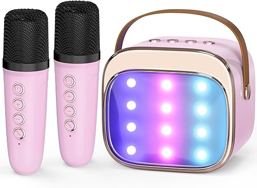 FLUESTON Mini máquina de karaoke para niños y adultos, altavoz Bluetooth portátil con 2 micrófonos inalámbricos, regalos de cumpleaños, juguetes