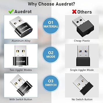 AUEDROT Mouse Jiggler Undetectable Mouse Jiggers USB Mouse Mover with Switch Button, Automatic Mouse Wiggler with 2 Jiggle Modes, Mouse Mover Device, Plug & Play, Keep Computer/Laptop Awake, Black