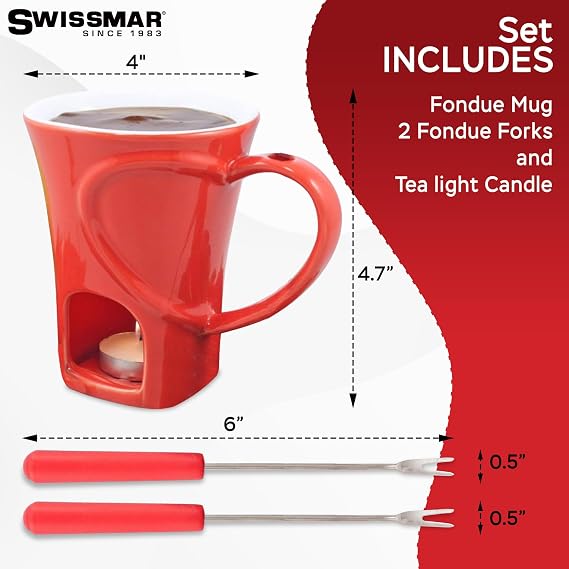 Swissmar 4-Piece Sweetheart Chocolate Fondue Mug Set Mini Fondue Set for Keeping Chocolate, Caramel, Cheese, More Warm Ideal Gift for Weddings & Desserts