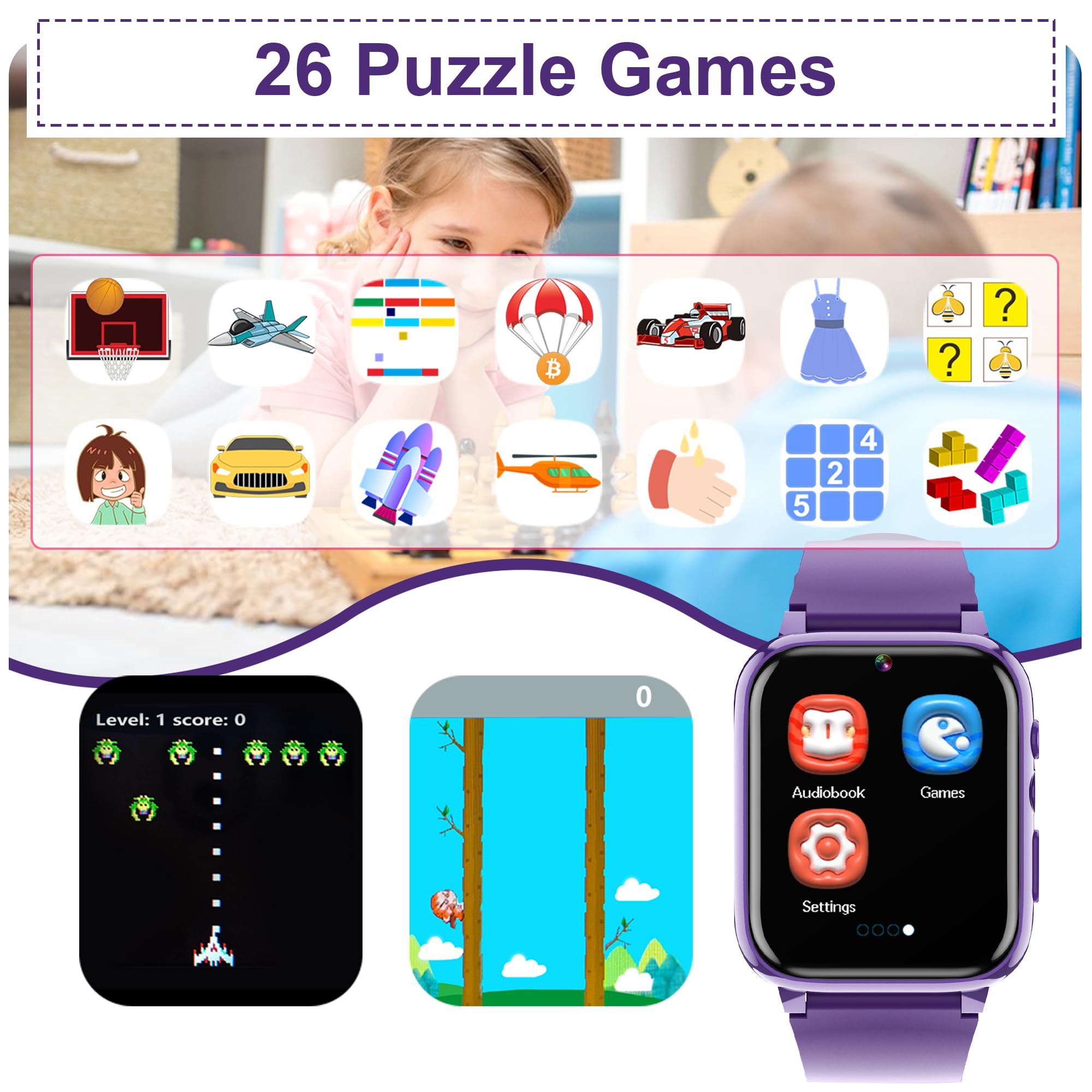 Moikmlih Smartwatch Bambini con Chiamate, 26 Giochi, Orologio Telefon per Ragazzi di 4-12 Anni, Telecamera, Musica, Modalità Scolastica, Smartwatch Giocattolo Grande Regalo per Bambina (Viola)