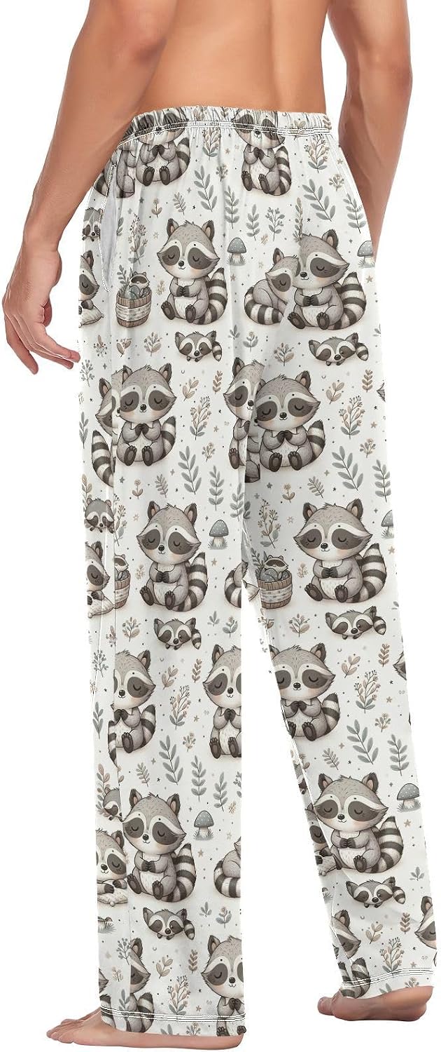 ALAZA Cute Raccoon Flowers Men's Sleepwear Mens Pajama Pants Bottoms with Pockets, S