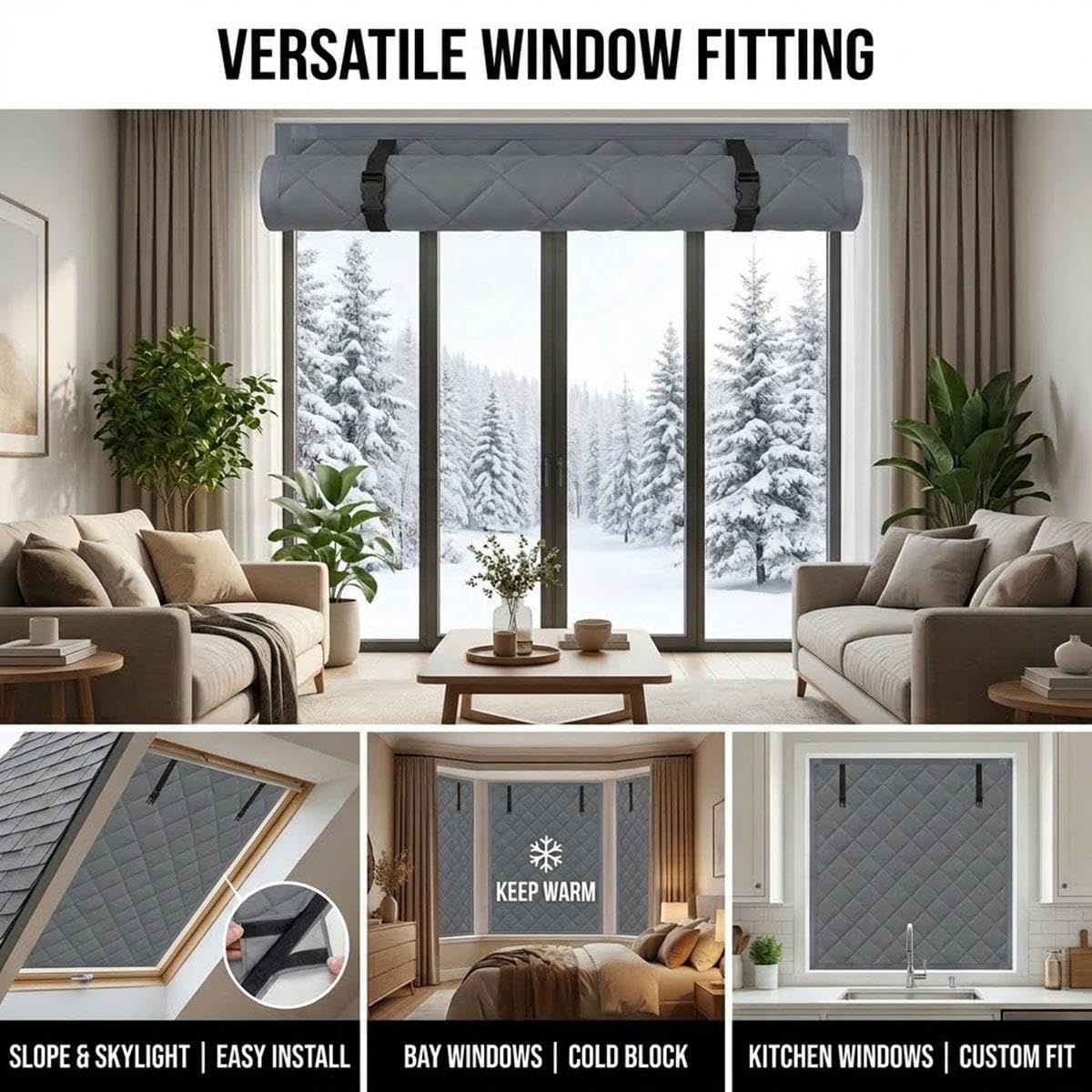 Rideaux Thermiques Isolants 3 Couches, Couverture de Fenêtre Thermique Oxford sans Perçage, Kit de Film d'Isolation Ajustable pour Hiver, Garde l'Air Froid et l'Air Chaud 50-200cm(Noir,150x201cm)