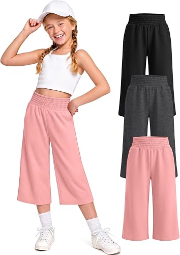 YooAurvox 3 Pack Girls Capri Pants with Pockets,Wide Leg Cropped Casual Pants wi