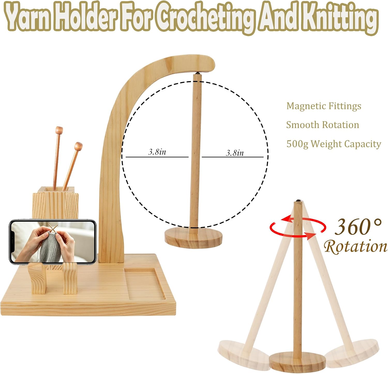 Yarn Holder for Crocheting Knitting,Wooden Magnetic Rotating Yarn Spinner Stand,Anti-Slip Base & Storage,Tangle Free Dispenser,Crochet Accessories Birthday Gift for Women Mom Wife Grandma (Natural) image 5