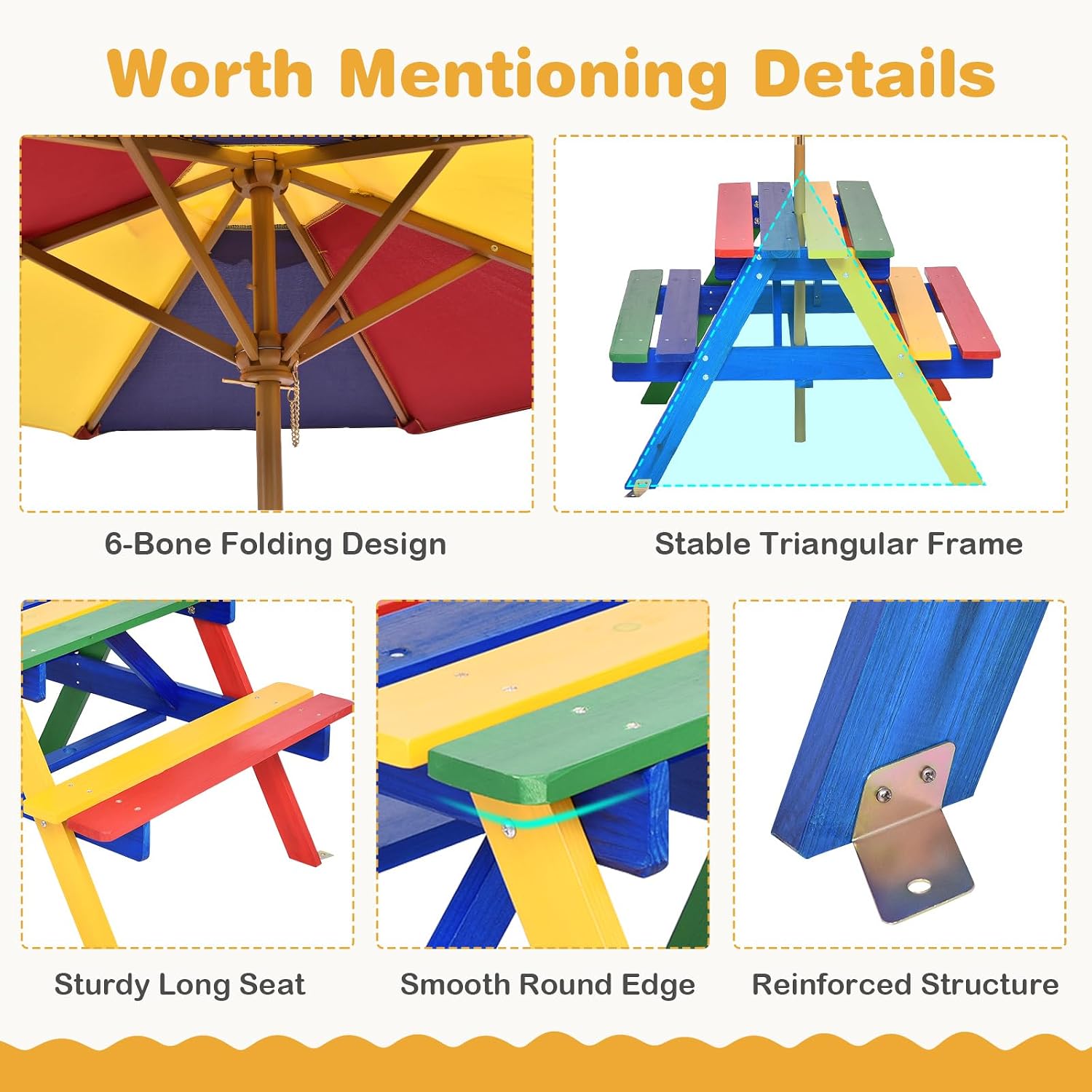 DORTALA Kids Picnic Table, Wooden Outdoor Toddler Table and Bench Set with Removable Umbrella, Children Activity Table Set for Patio, Garden, Backyard, Girls & Boys Gift, Colorful