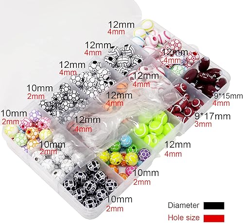 Miniatura 2 de Honbay 15 estilos de cuentas redondas de acrílico para deportes, baloncesto, tenis, voleibol, béisbol, rugby, fútbol, cuentas para hacer pulseras,