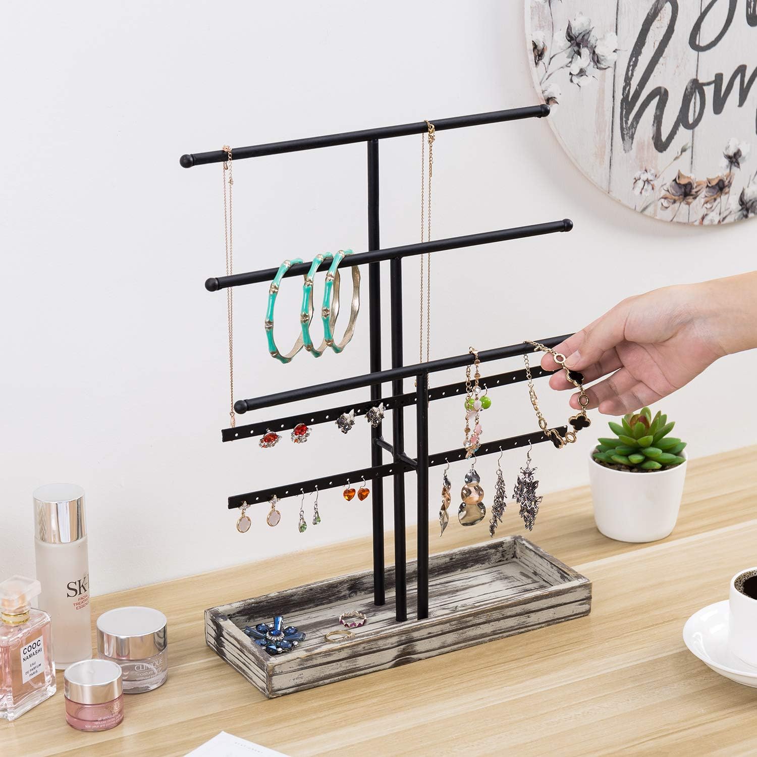 MyGift 3-Tier Tabletop Black Metal Jewelry Display Rack Organizer Tower Stand with Necklace T-Bars, Earring Hangers & Torched Wood Ring Tray: Home & Kitchen