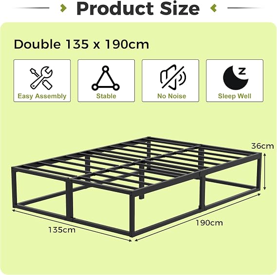 EMODA Double Bed Frame 36cm High with Steel Slats Support, Black | 135 x 190cm Heavy Duty Metal Bed Frame Double Bed Solid Platform, Noise Free, Easy Assembly