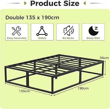 EMODA Double Bed Frame 36cm High with Steel Slats Support, Black | 135 x 190cm Heavy Duty Metal Bed Frame Double Bed Solid Platform, Noise Free, Easy Assembly