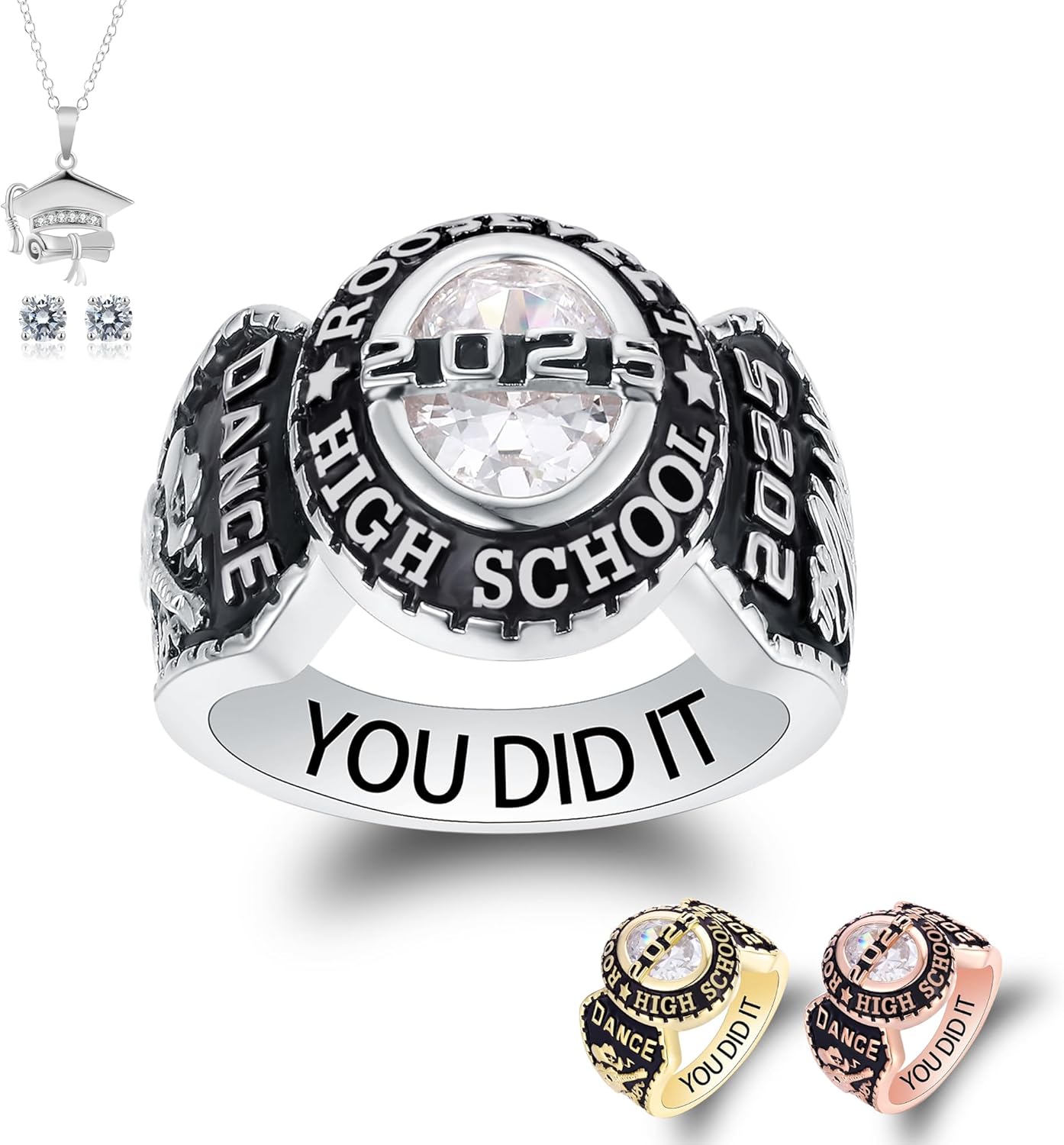 Custom Class Rings - Fully Personalized Sterling Silver Birthstone Rings for Women - Graduation and College Rings - High School Size 5-15