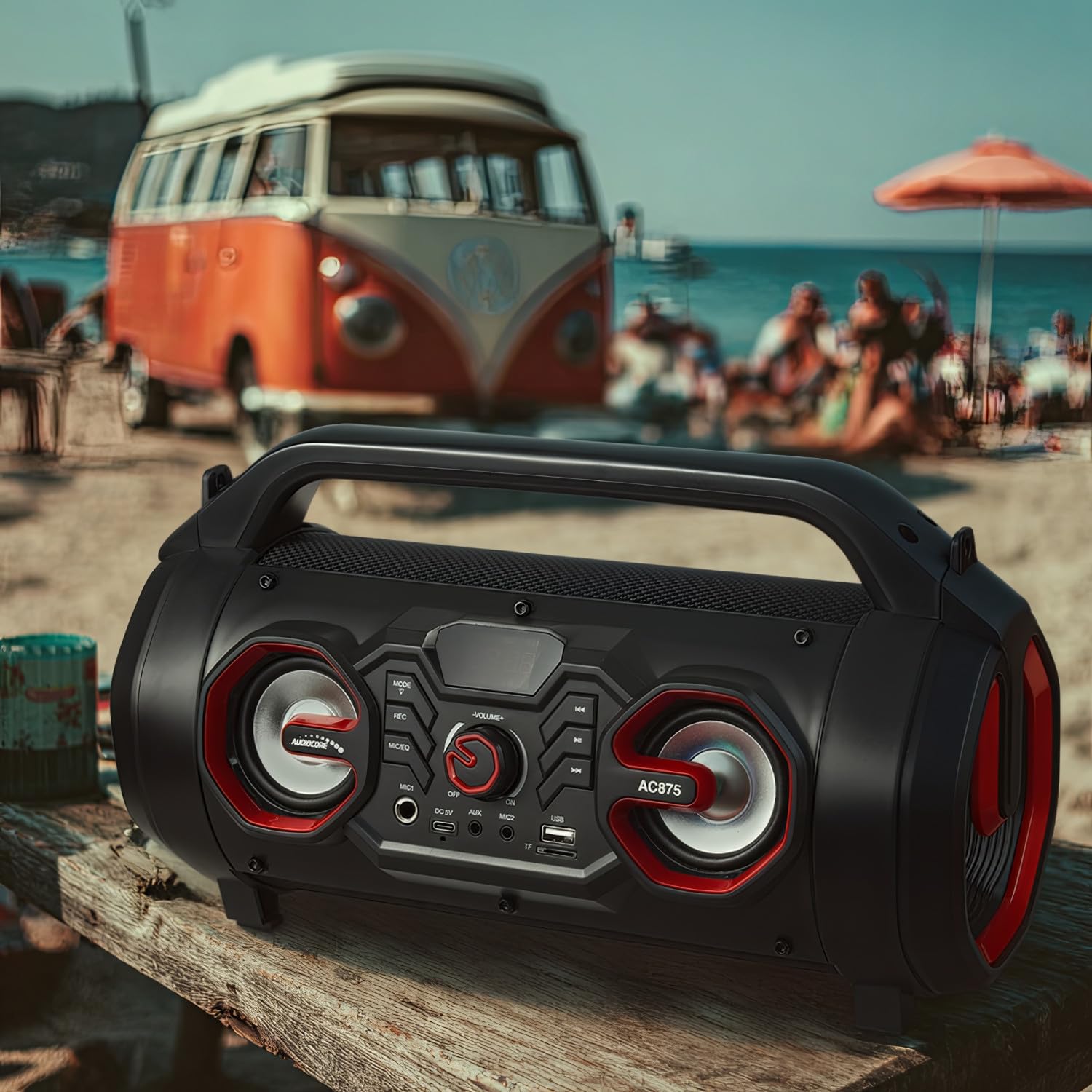 Audiocore AC875 Bazooka Altavoz Bluetooth Portátil Boombox 20W + 5Wx2 IPX4 / Radio/microSD/Aux-In/USB/Iluminación/Puerto de Micrófono