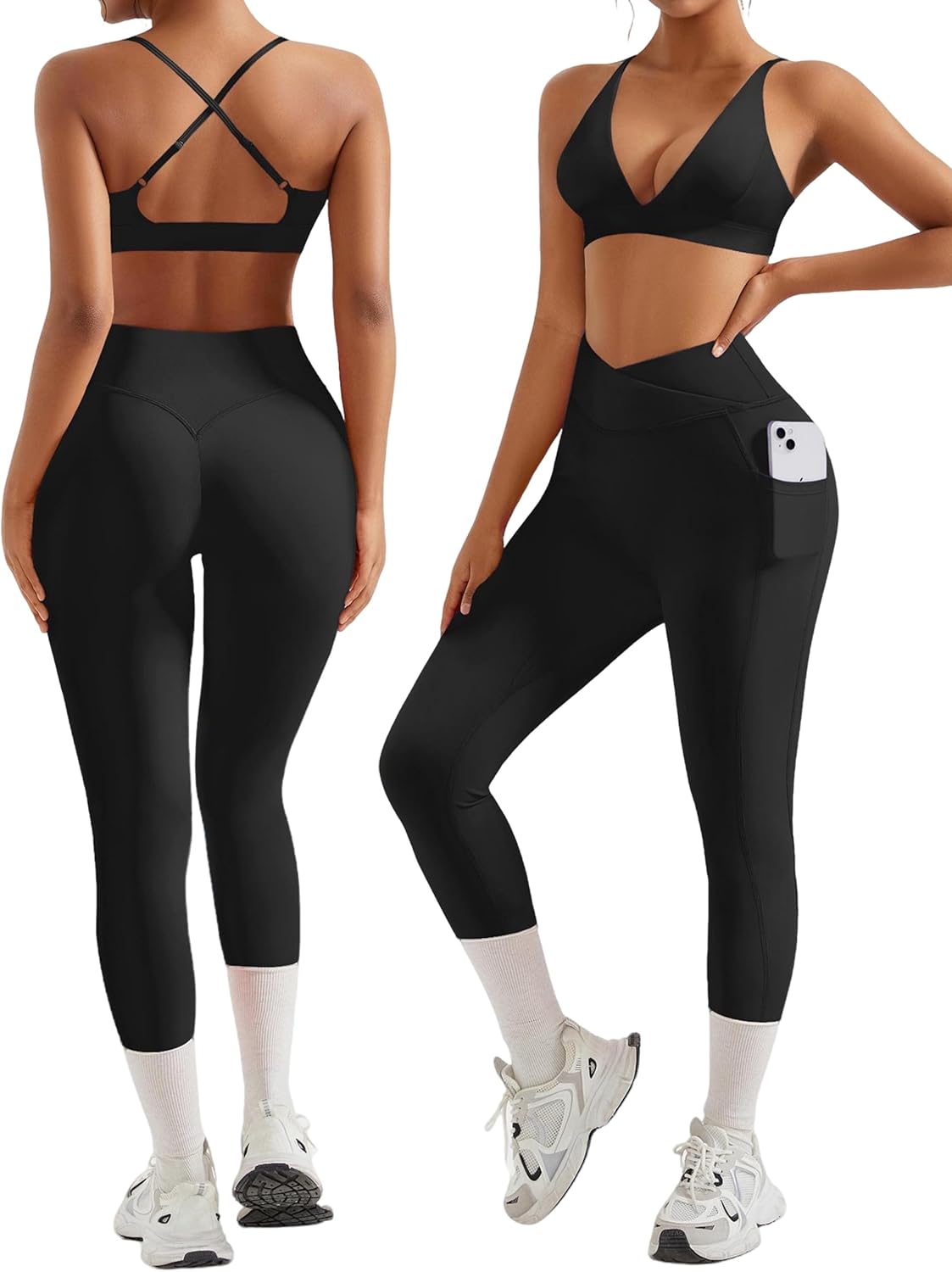 RXRXCOCO 2 Piece Workout Sets for Women Strappy Sports Bra Booty Leggings with Pockets Yoga Gym Outfits