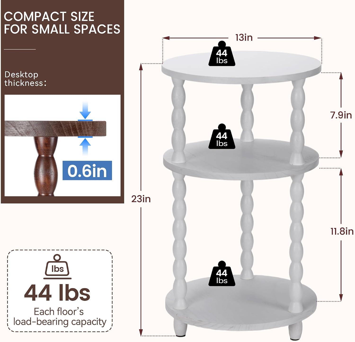 Small Round Side Table, 3-Tier Solid Wood End Table with Storage Shelf, Modern Bedside Tables Night Stand for Living Room, Bedroom, College Dorm, Small Space (White)