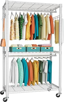 FUTASSI P1 Heavy Duty Garment Rack, 3 Tiers Adjustable Rolling Metal Closet | White Clothing Organizer with Lockable Wheels, Free-Standing Wardrobe with Double Hanger Rods and Hooks, Max Load 450lbs