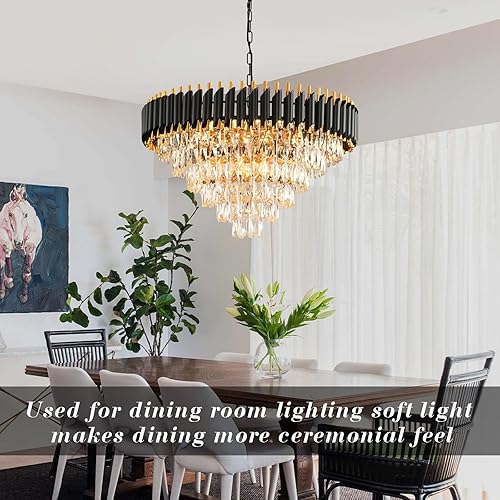 Miniatura 3 de Candelabros modernos de cristal para comedor, 15 luces, color negro y dorado, para sala de estar, redondos, 6 niveles, contemporáneos, lámpara