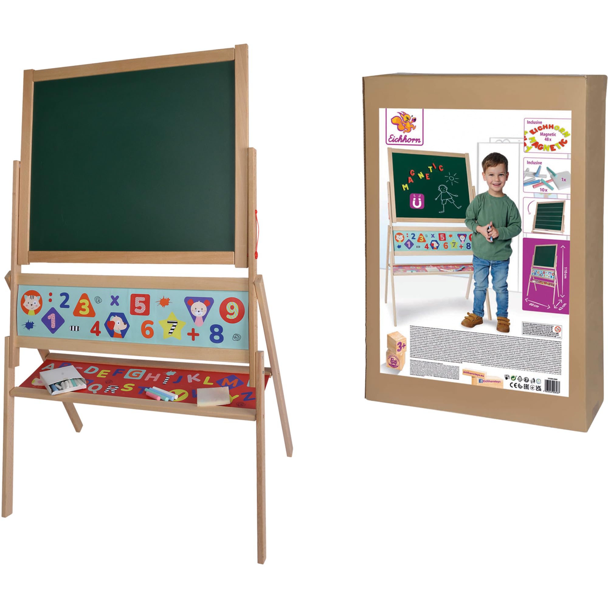 Eichhorn 100002589 Tableau magnétique pour Enfant, avec 48 Lettres magnétiques, 10 craies, éponge, inscriptible des Deux côtés, avec étagère, Rotatif, 60 pièces, 66 x 110 cm, en Bois de hêtre, à