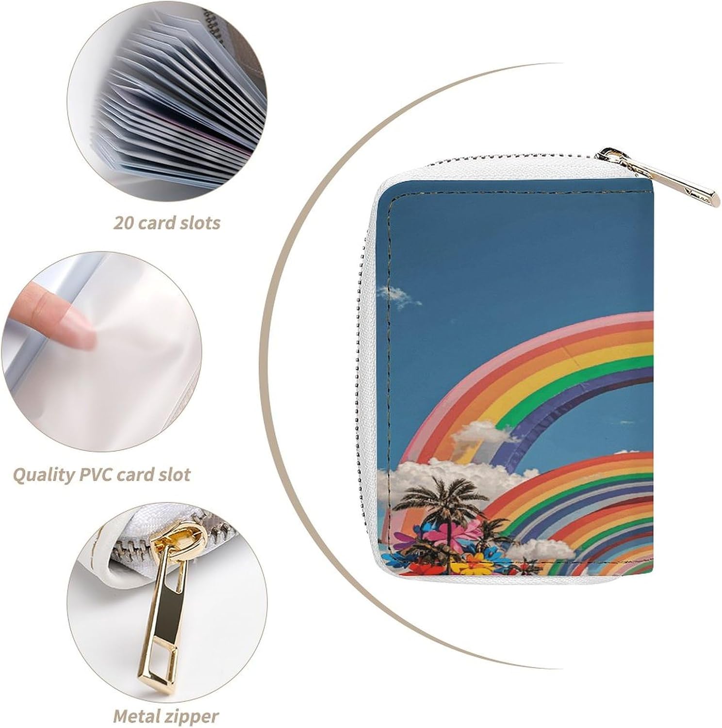 Leather Card Organizer Case Card Wallet Credit Card Holder Beautiful World Rainbow Printed Zipper Card Cases Holder for Women Men