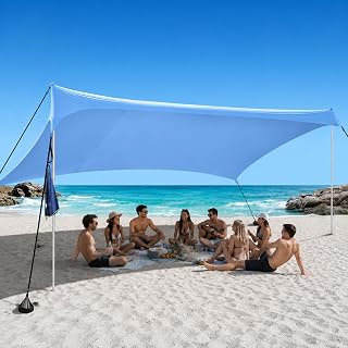 easierhike Beach Sun Shade Windproof Design, Sun Shelter UPF50+ Portable Family Tent with 6 Sandbags Anchors 10x10 FT 2 Pole