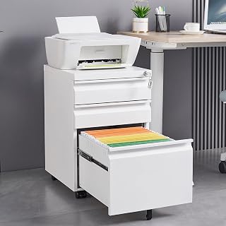 KEIKI Lockable Mobile File Cabinet with 3 Drawers, Under Desk Metal Rolling Filing Cabinets for Home Office Organizer Letters/Legal/A4 File Folders,Assembly Required,White