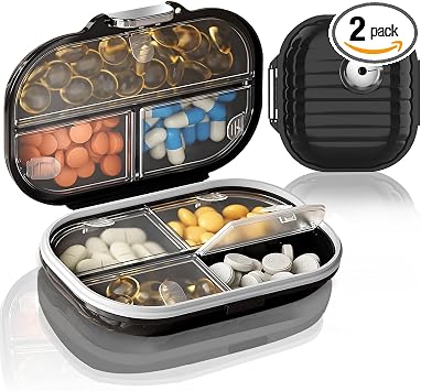 2 Pack Pill Organizer Pill Box 7 Compartments Large Pill Dispenser Home Travel Supplement Holder Airtight Vitamin Container Daily Medicine Travel EssentialsSmall+ Large