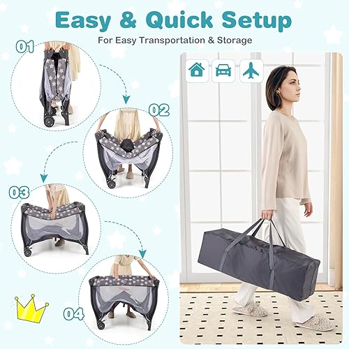 Miniatura 4 de HONEY JOY Pack and Play, corralito portátil 4 en 1 con moisés, cambiador, ruedas bloqueables, caja de música, centro de guardería plegable para cuna