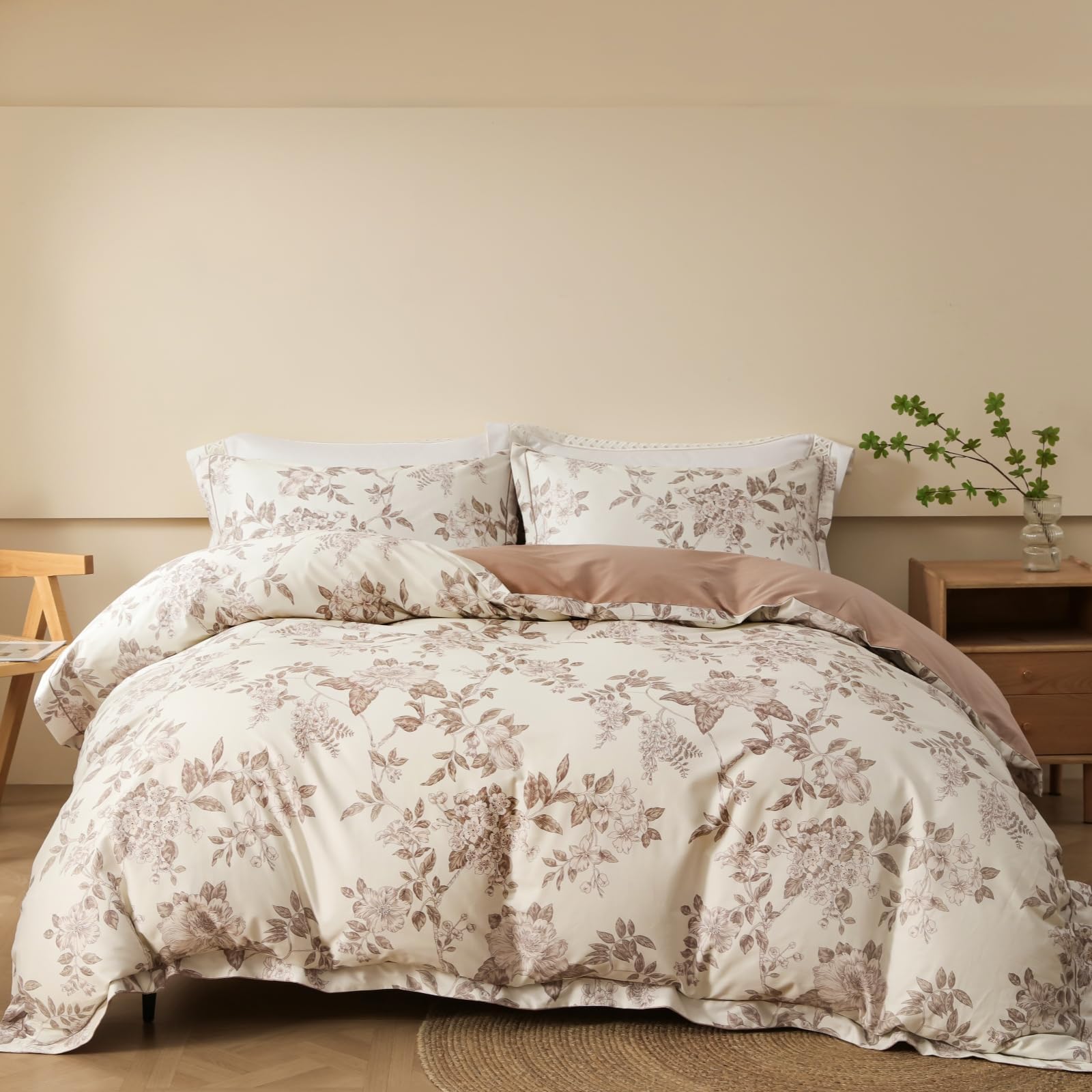 Duvet Cover Set Twin Size Floral Pattern 600 Thread Count Ultra Soft 100% Long Staple Cotton Duvet Cover Sets 3-PC, Breathable Duvet Cover with Zipper Closure & Corner Ties