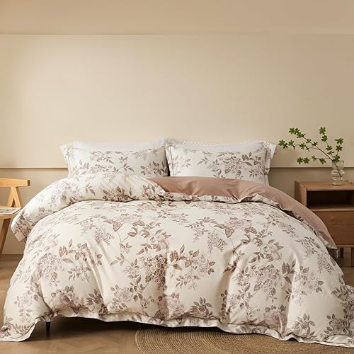 Duvet Cover Set King Size Floral Pattern 600 Thread Count Ultra Soft 100% Long Staple Cotton Duvet Cover Sets 3-PC, Breathable Duvet Cover with Zipper Closure & Corner Ties