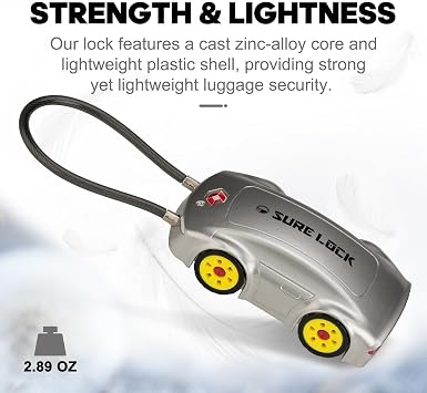 SURE LOCK Car-Shaped TSA Approved Luggage Lock 4-Digit Resettable Cable Lock with Zinc Alloy Body, Wheel Dial Design & 70% Recycled Plastic for Suitcase, Backpack, Locker- Grey