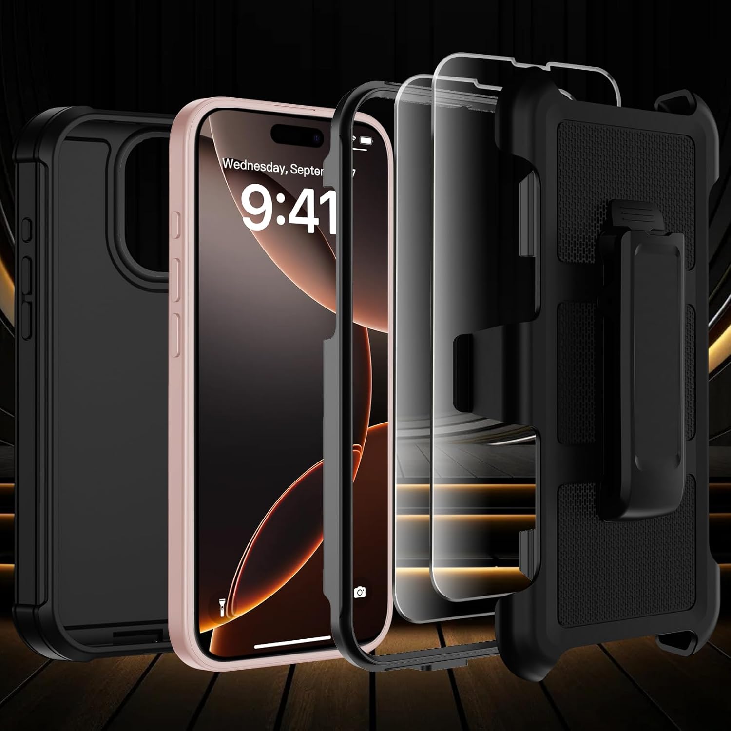 for iPhone 16 Pro Max Case with Belt Clip Holster,Anti-Drop Shockproof Bumper Phone Cases w/2x Screen Protectors & Kickstand,Rugged Heavy Duty Military Grade Protective Defender Cover (Black)