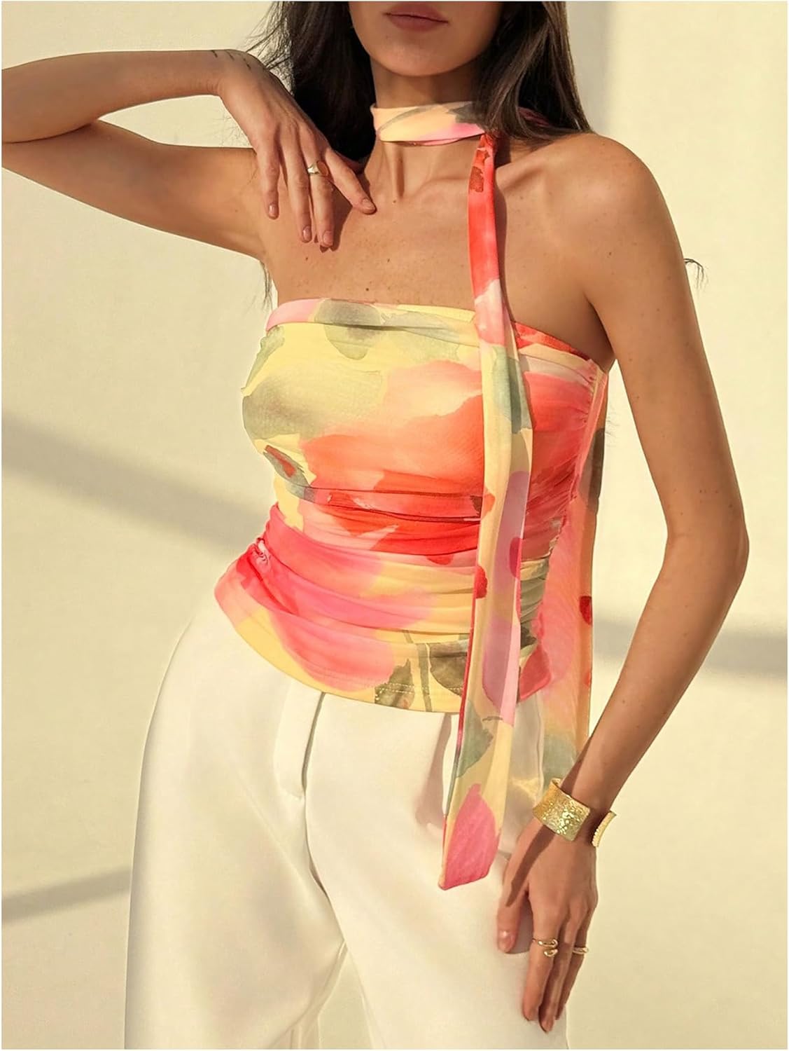 Women's Floral Tie Dye Strapless Tube Top Sleeveless Y2K Bandeau Tops with Scarf - Image 4