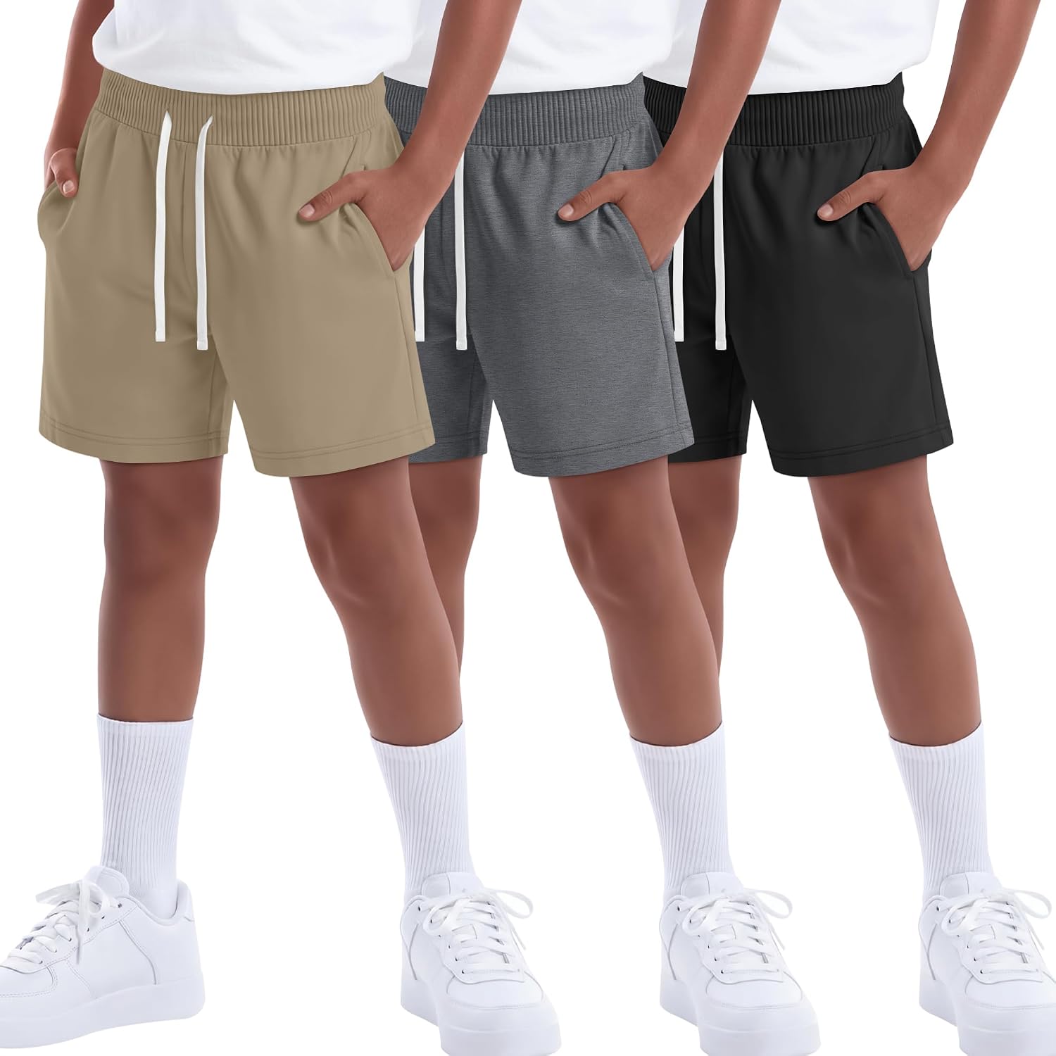 Halfchet 3 Pack Boys Shorts 7-16Y Teen Pull On Athletic Sweat Shorts with Pockets Kid Basketball Casual School Summer Clothes