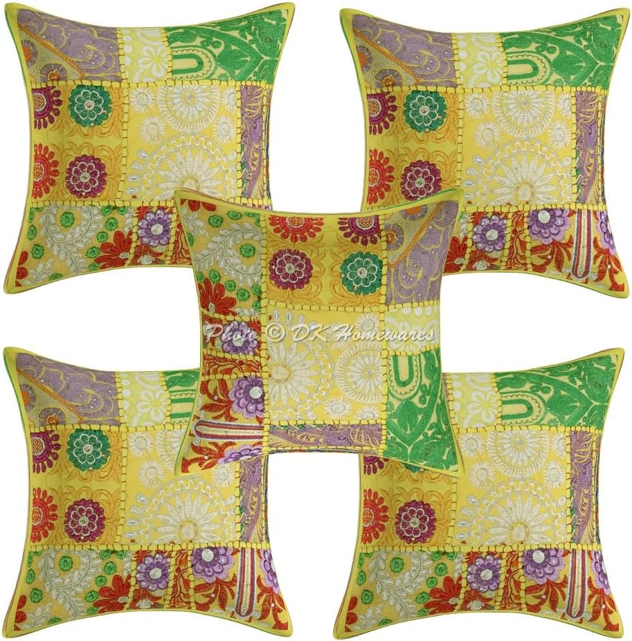 Decorative Throw Cushion Covers 12 Inch Cotton Vintage Patchwork Indian Square Embroiderded Cushion Covers (Size - 30x30 cm ; Color: Lemon Yellow) - Set of 5 Pcs (Cover Only)