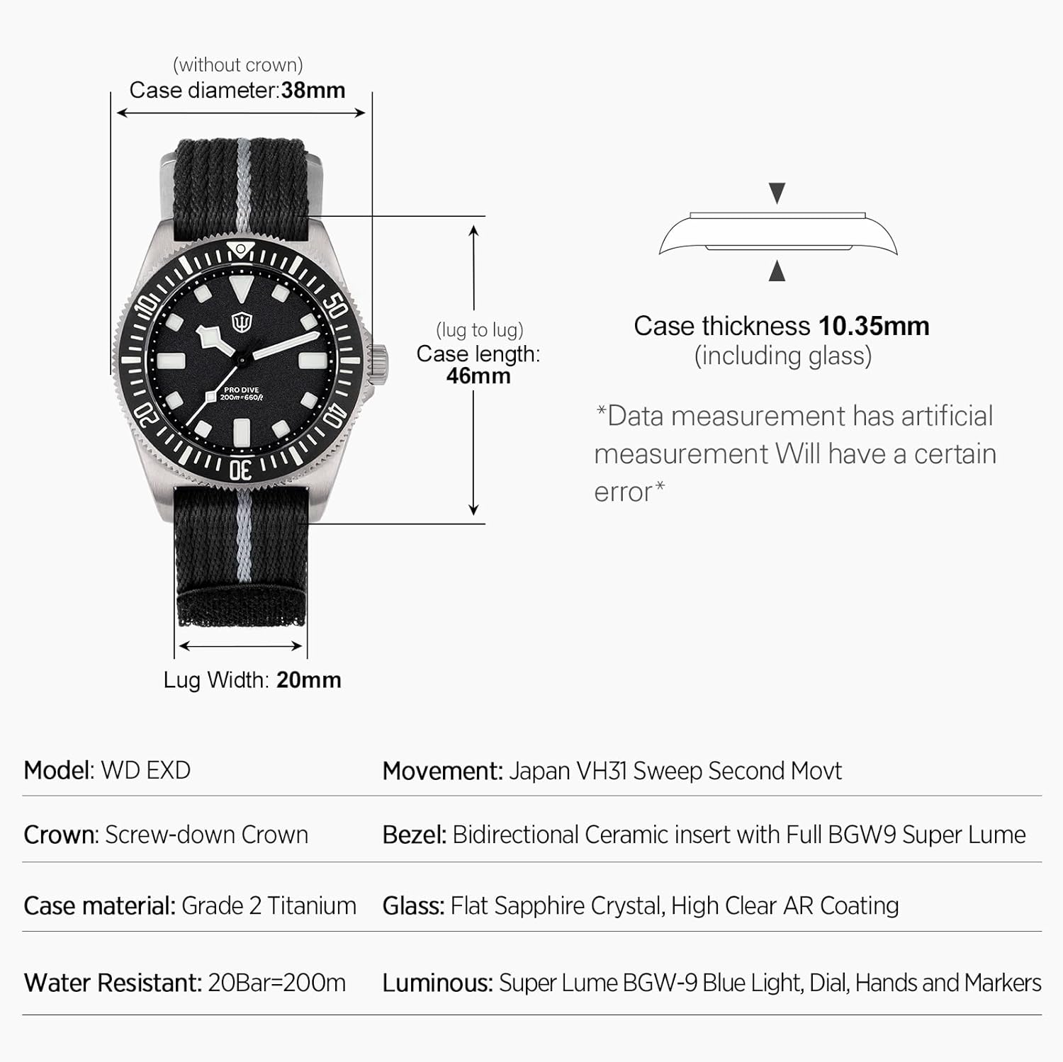 watchdives 38mm EXD Titanium Diver Watch Japan VH31 Sweep Second Quartz Watches Sapphire Crystal Wristwatch Analog Luminous Waterproof Watch for Men