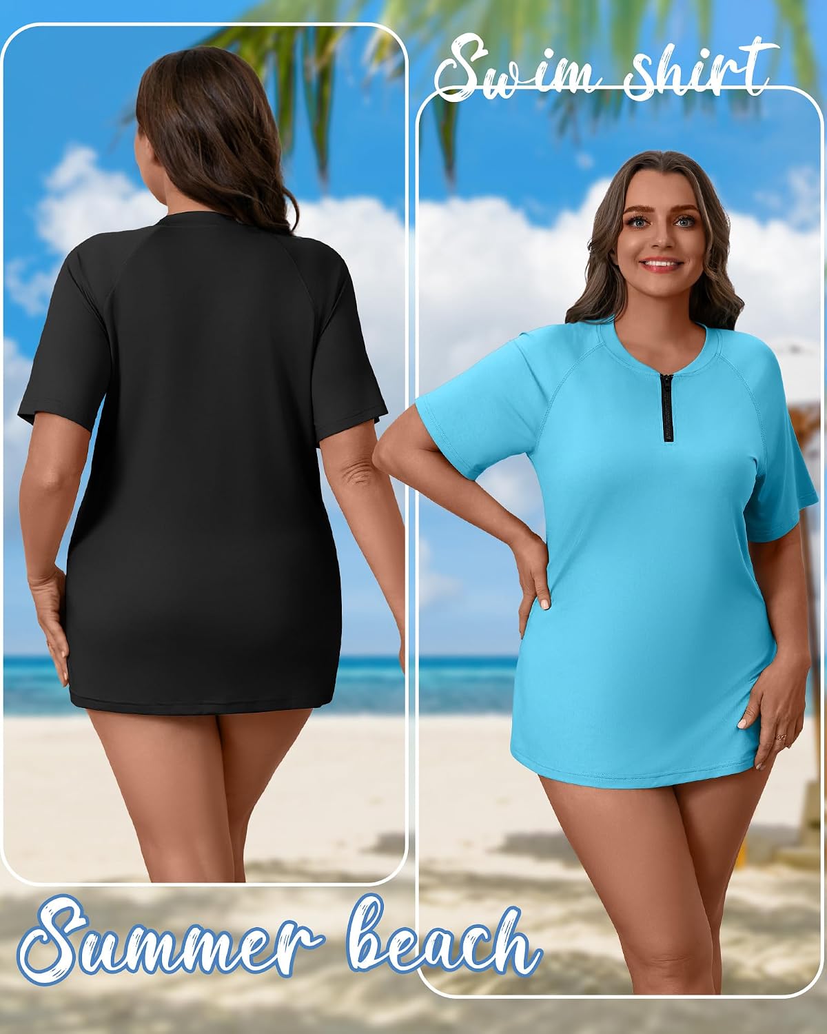 Evervibe 2 Pack Women's Plus Size Quick Dry Rash Guard Half Zip Swimsuit Short Sleeve Swim Shirt Tops Sun Protection
