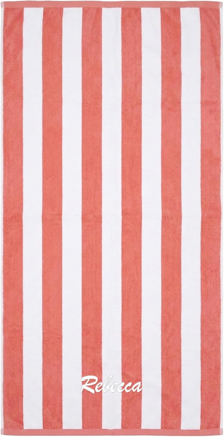 Kaufman - Personalized 32in x 62in Joey Velour Cabana Stripe Beach and Pool Towel 100% Cotton Embroidered (Coral/White)