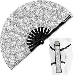 Glitter Large Rave Folding Clack Hand Fan with Holster, Popping Handheld Fan Foldable for Men Women for EDM Festival Club Party Dance, (Silver, Large 13")