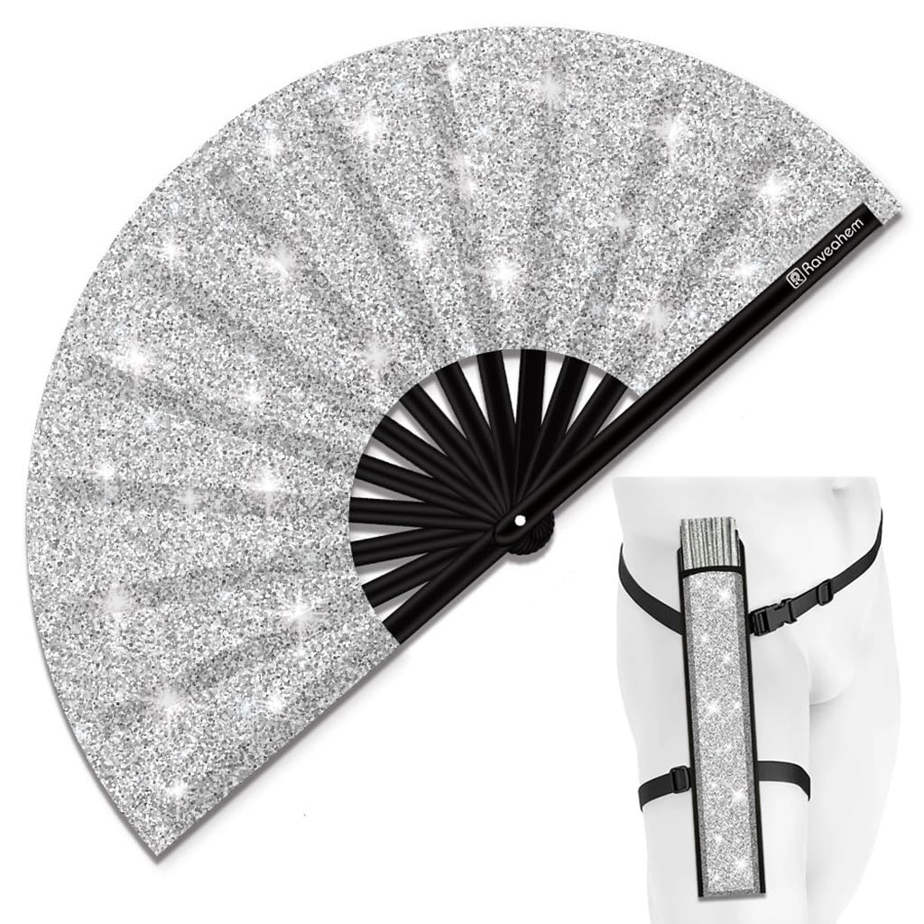 Glitter Large Rave Folding Clack Hand Fan with Holster, Popping Handheld Fan Foldable for Men Women for EDM Festival Club Party Dance, (Silver, Large 13")