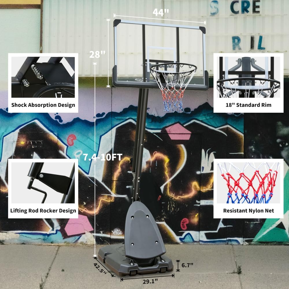 Height Adjustable 7.5 to 10 ft Portable Basketball Hoop with 44 Inch Shatterproof Backboard and Stable Water-Filled Base