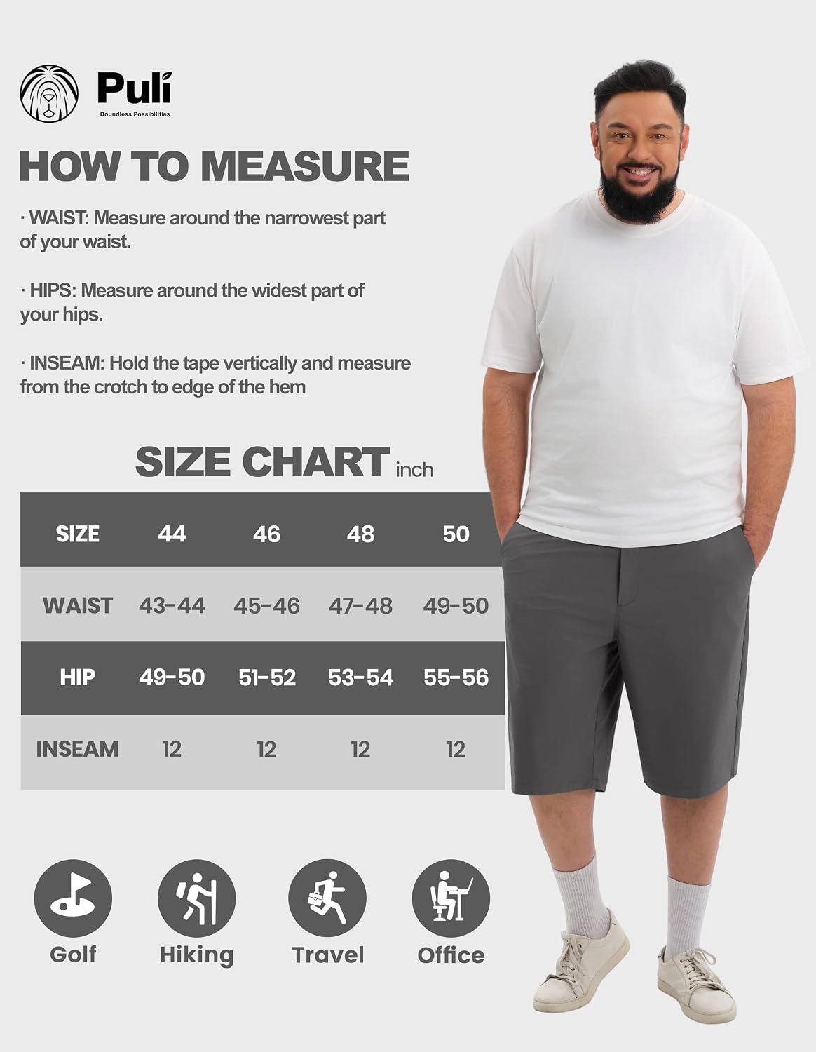 PULI Men's Shorts Big & Tall 12'' Stretch Quick Dry Lightweight Breathable Spillproof Casual Golf Shorts Dress Hiking