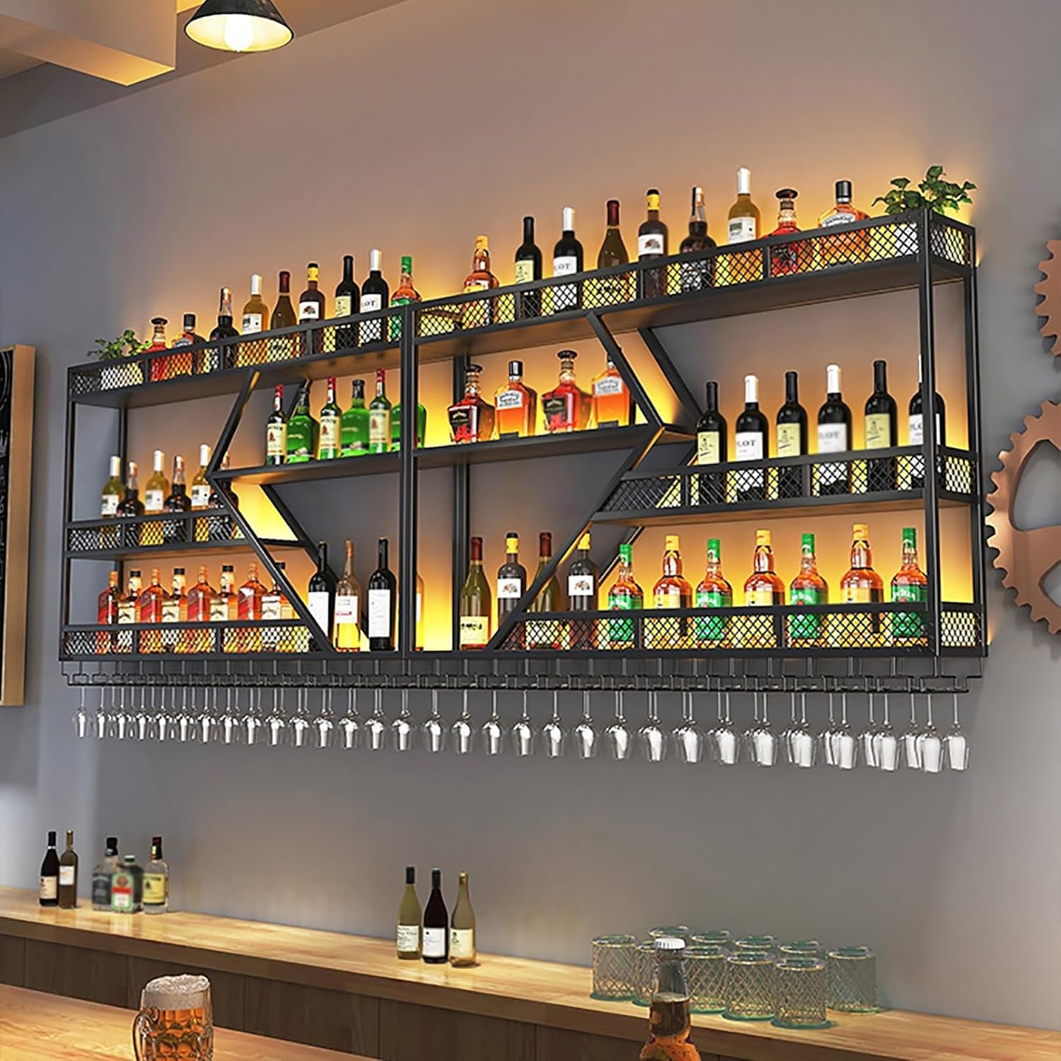 Modern Wall Mounted Wine Rack with Glass Holder and LED Light 3 Tier Metal Floating Shelves for Bar Unit Multifunctional Storage Organizer for Wine Bottles Stylish Wine Shelf for H