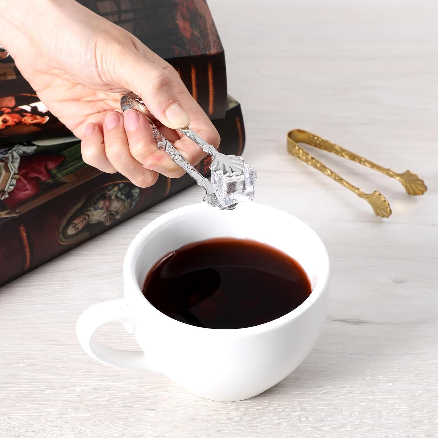2Pcs Sugar Cube Tongs, Ymapinc 304 Stainless Steel Rose Relief Handle Ice Tong, Gold & Silver Tongs for Sugar Cubes Vintage Small Serving Tong, Tea, Coffee, Appetizers & Desserts