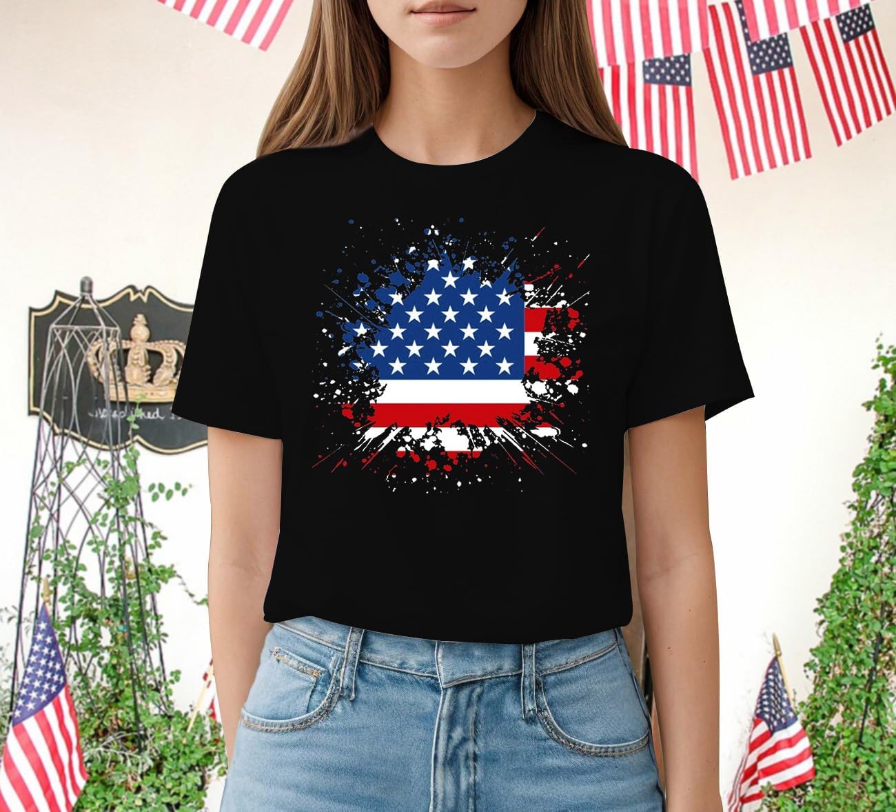 Womens American Flag Shirt USA Fireworks Patriotic Print T-Shirt 4th of July Crewneck Tee - Image 3
