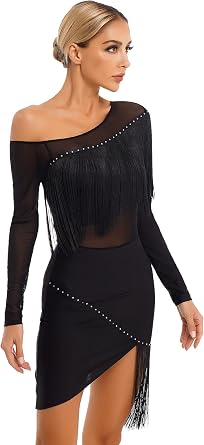 Freebily Women's Latin Dance Costume Rhinestone Shiny Fringe Dress Single Long Sleeve Tango Rumba Cha Cha Ballroom Prom Dress