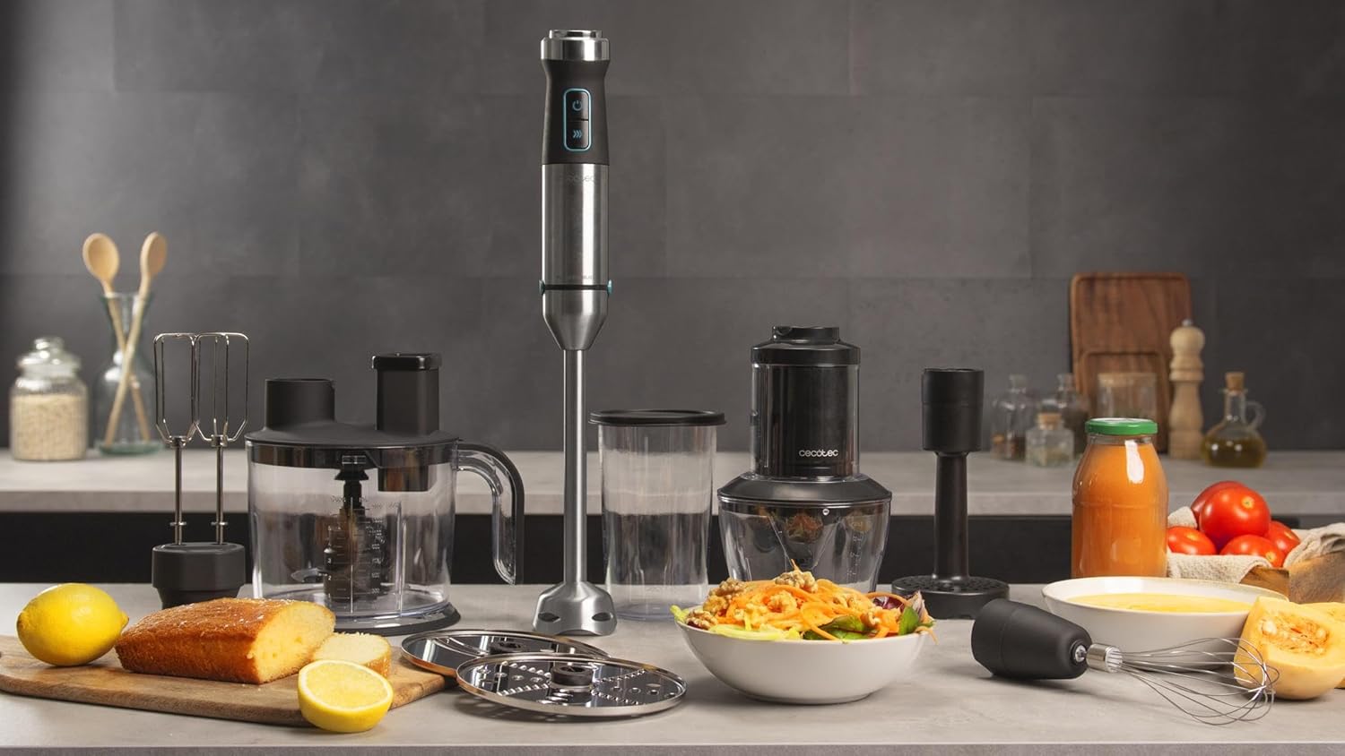 Cecotec Power TitanBlack 1500 XL Totalmix Immersion Blender with all accessories laid out