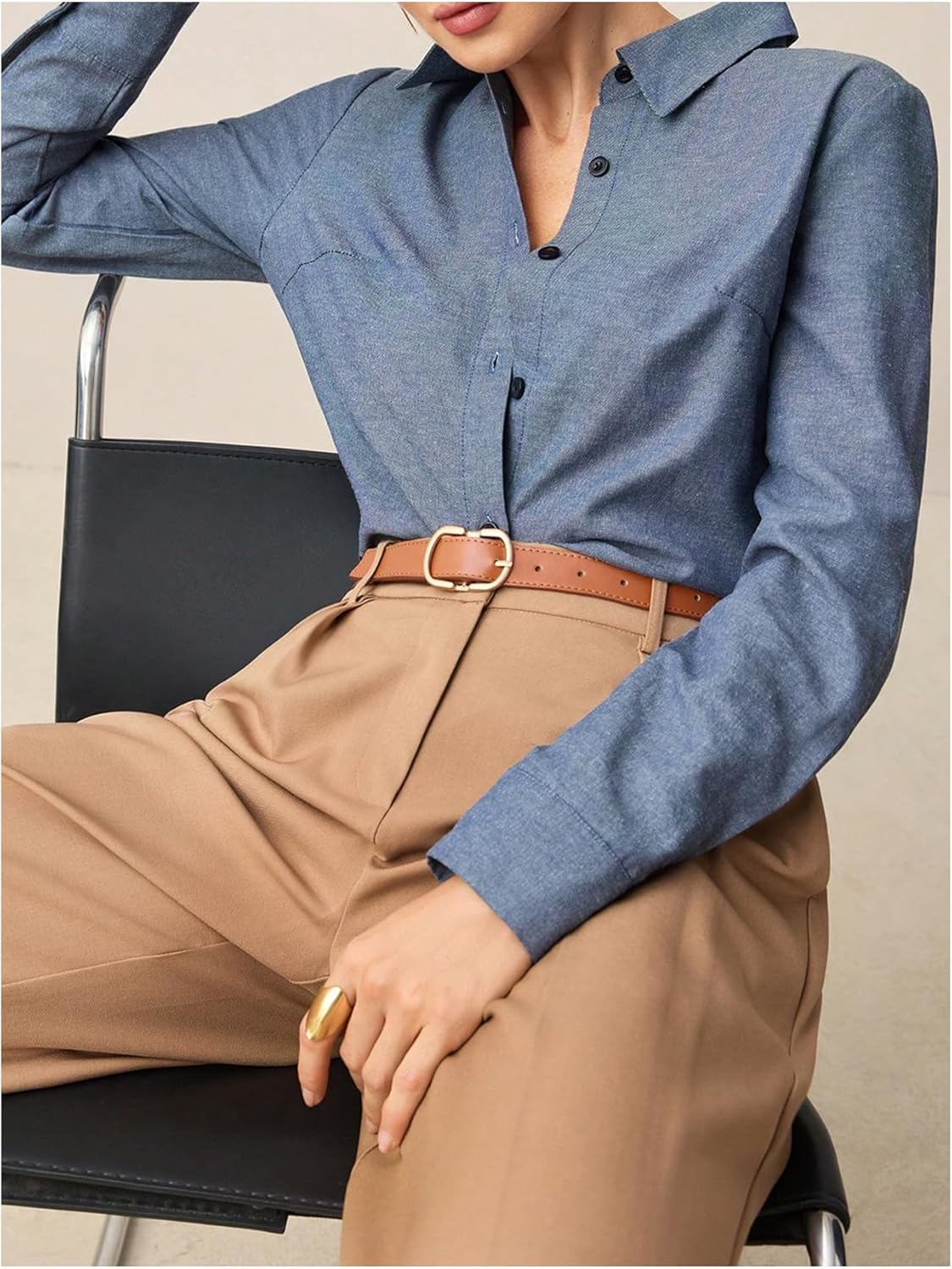 Women's Denim Button Down Shirts Vintage Long Sleeve Collared Jean Tops Fall Work Office Blouses - Image 4