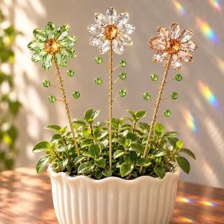 3Pcs Crystal Sunflower Suncatchers with 13'' Gold Trellis Metal Plant Stake