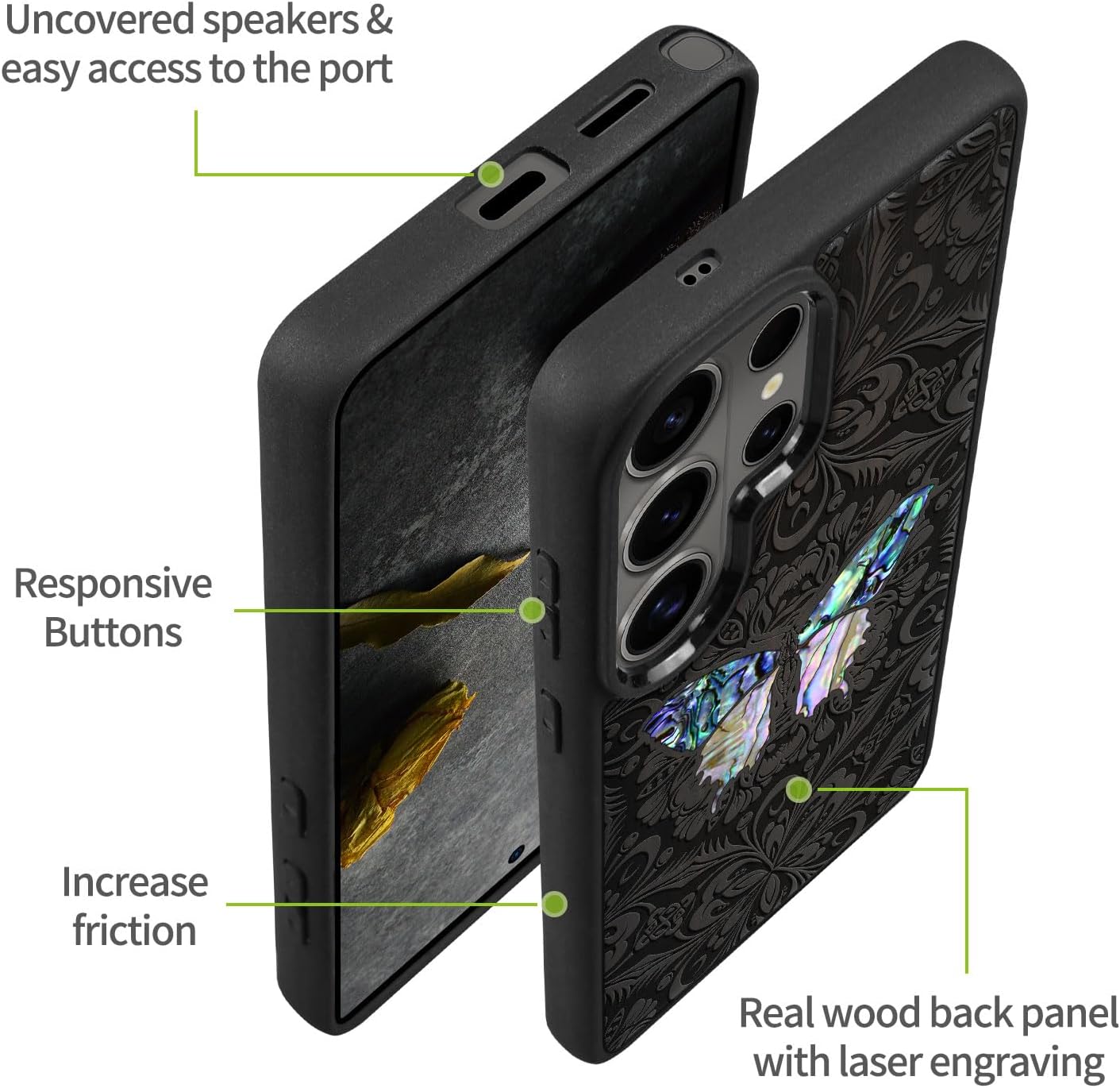 Carveit Magnetic Wooden Case for Samsung Galaxy S26 Ultra Case, Wood Artisan Engraved & Handmade Shell Inlaid, Compatible with MagSafe Wireless Chargers (Baroque Butterfly) Blackwood