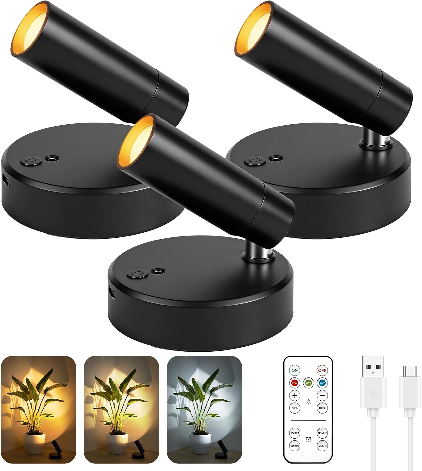 3 Pack Rechargeable Battery Spotlight Indoor, Wireless Mini Uplights for Plant Picture & Wall Art Decor, Cordless Accent Lights with 3 Color Temps, 10-Level Dimming, Remote & Timer, Magnetic Mount
